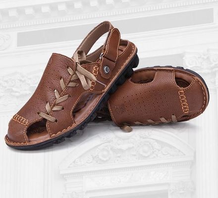 Sandales en cuir confortables faits à la main en été Sandales plates en marron