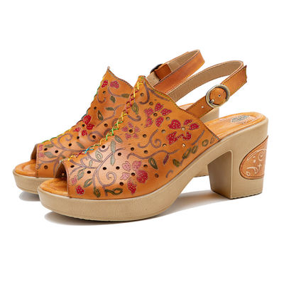 Les femmes de la mode bohème sandales orange en cuir en bloc sandales à talons
