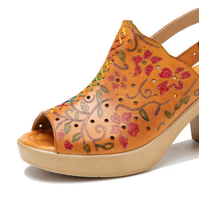 Les femmes de la mode bohème sandales orange en cuir en bloc sandales à talons