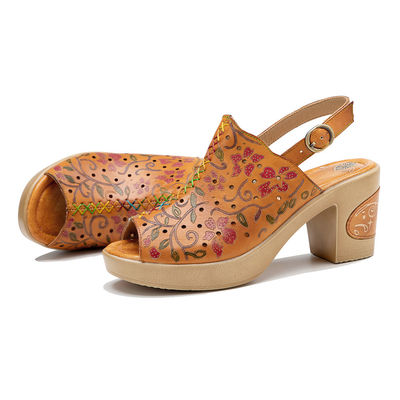 Les femmes de la mode bohème sandales orange en cuir en bloc sandales à talons