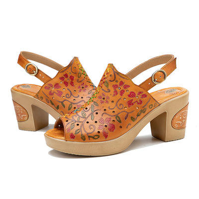 Les femmes de la mode bohème sandales orange en cuir en bloc sandales à talons