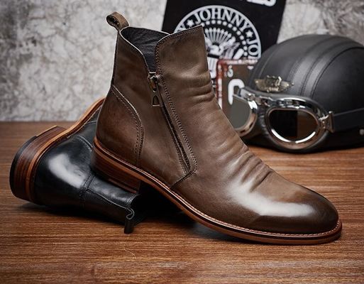 Bottes à talons rondes pour hommes, chaussures à chevilles, lacets, en cuir authentique, vintage.